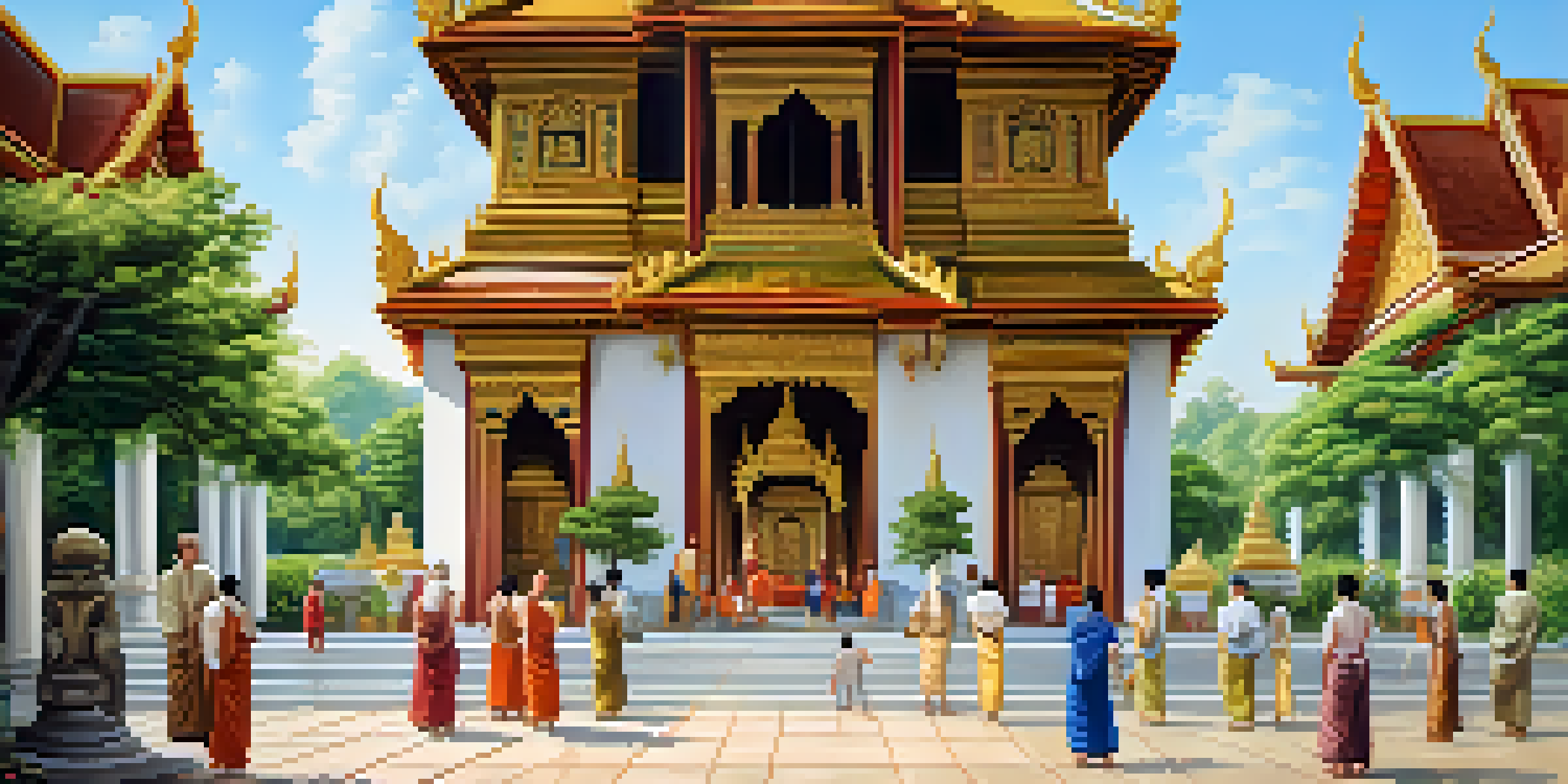 A tranquil view of a Thai temple with visitors in modest clothing removing their shoes, surrounded by greenery.