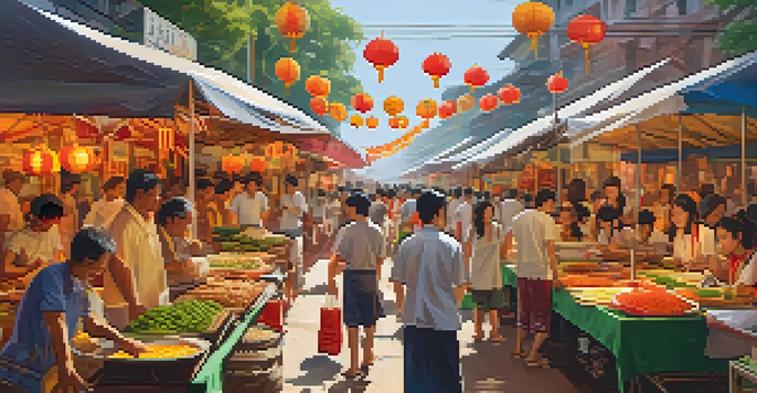 A lively street market during the Vegetarian Festival with colorful stalls and people enjoying vegetarian dishes under warm sunlight.