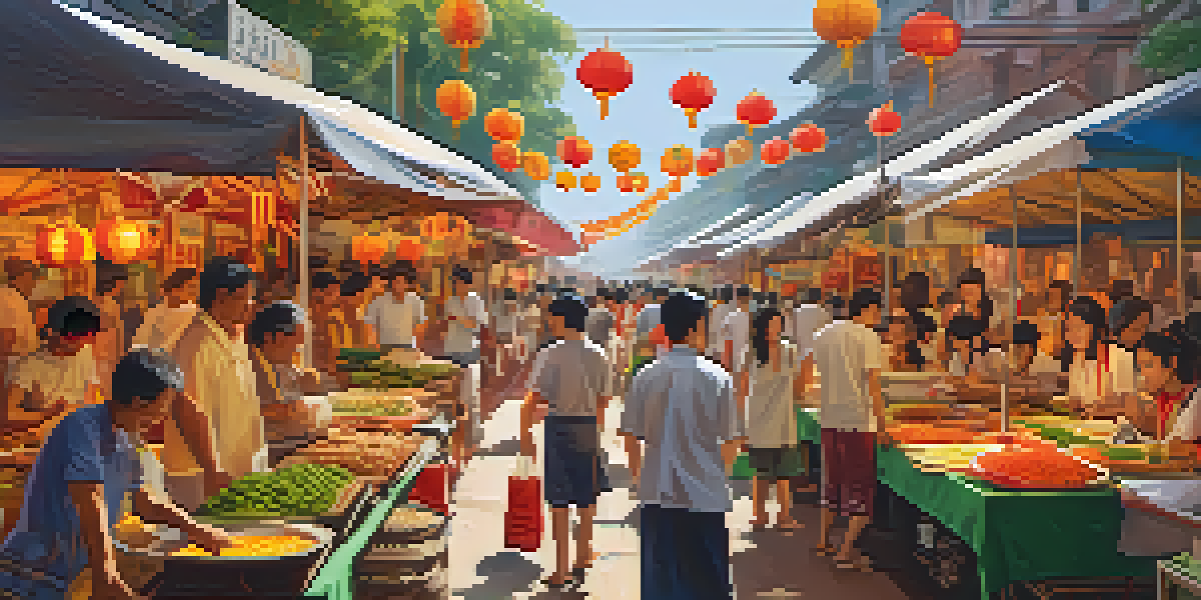 A lively street market during the Vegetarian Festival with colorful stalls and people enjoying vegetarian dishes under warm sunlight.