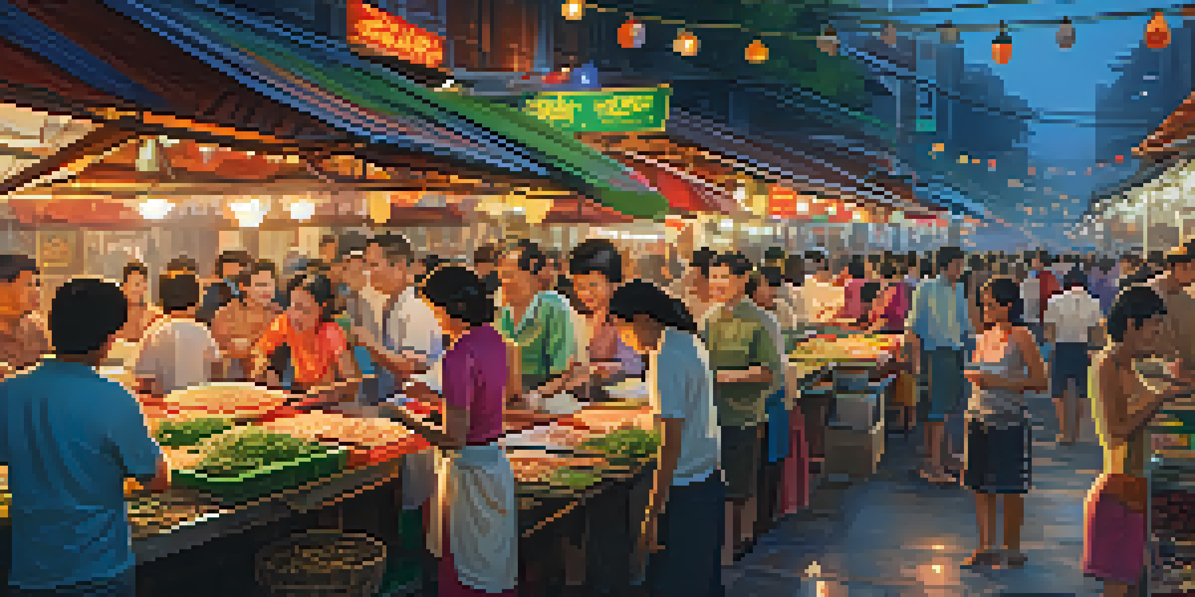 A busy street food market in Thailand with colorful food stalls and vendors cooking various dishes.