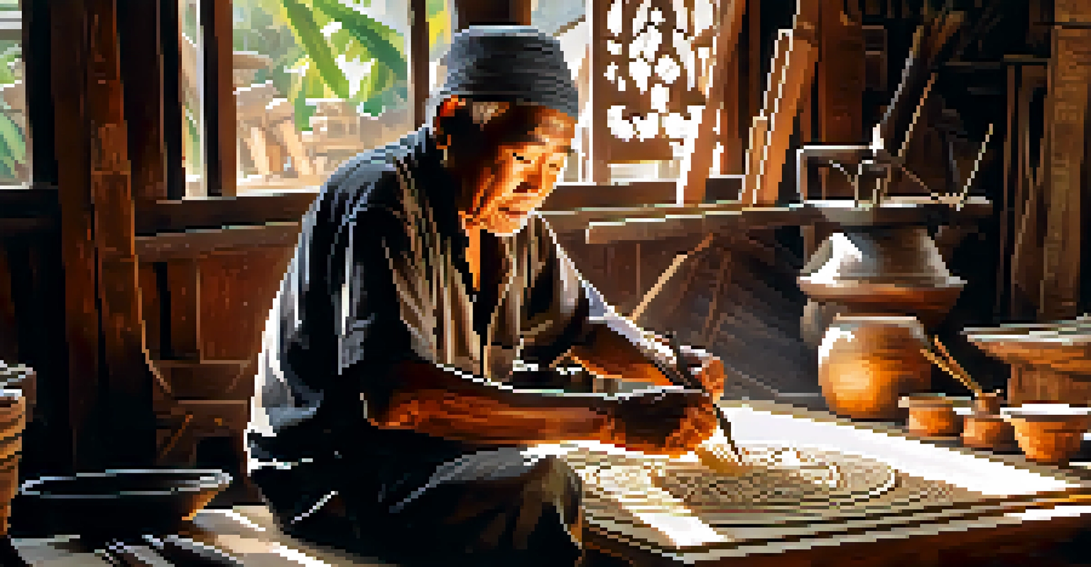 An elderly Thai artisan working on nielloware, surrounded by tools in a sunlit workshop, showing intricate metal designs.