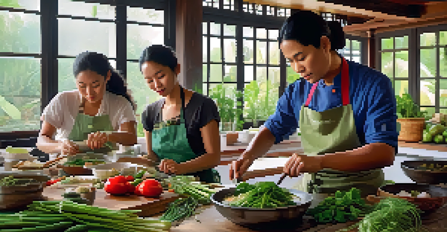 A cooking class with participants learning to prepare traditional Thai dishes, surrounded by fresh ingredients and a warm atmosphere.