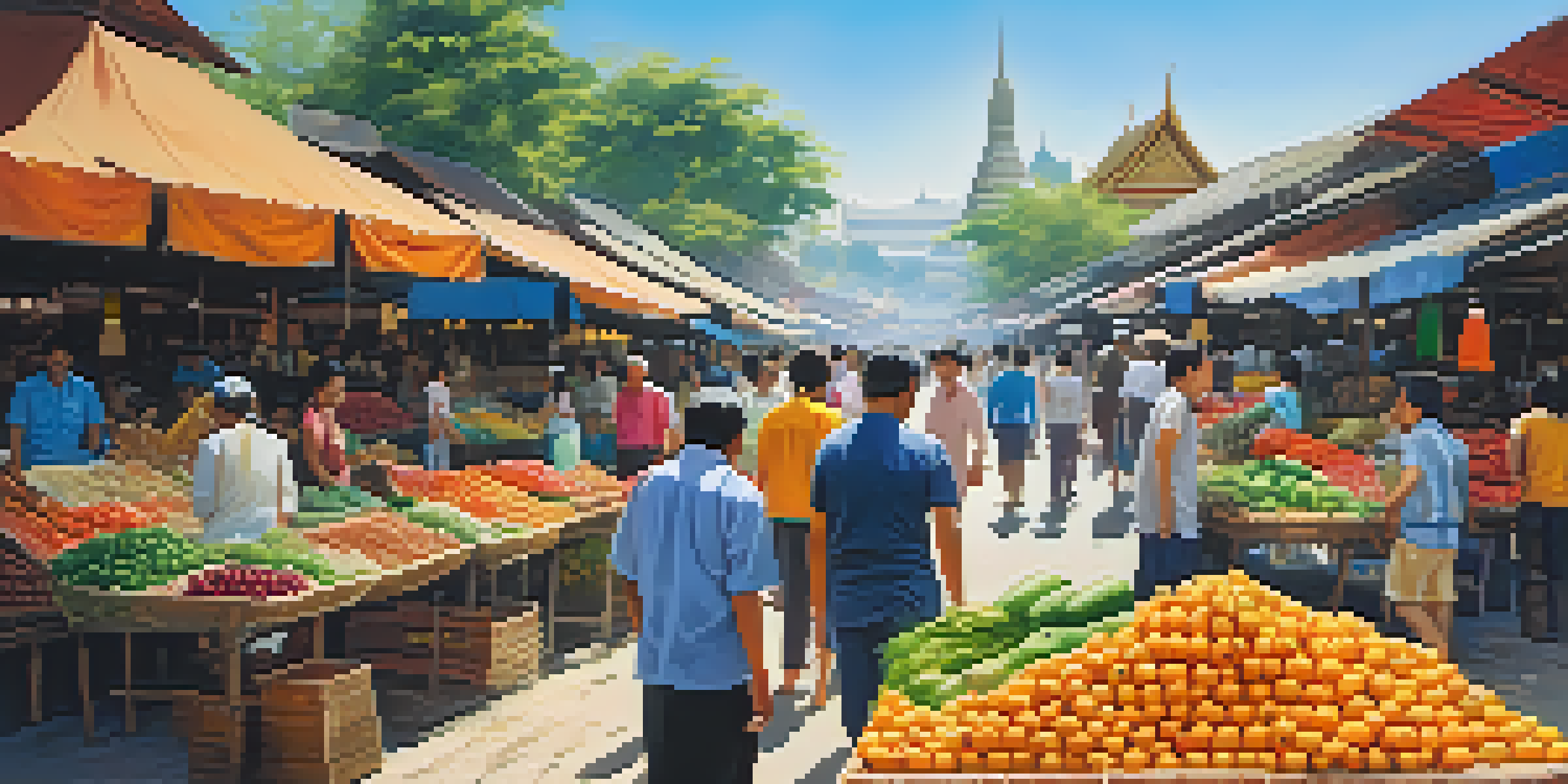 A lively traditional Thai market with colorful stalls and ancient temple architecture in the background, bustling with people.