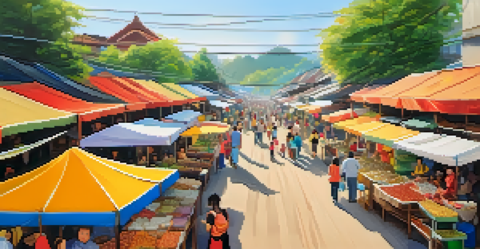A cheerful Sunday market in Chiang Rai with families enjoying crafts, food, and activities.