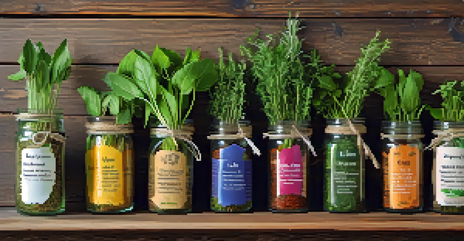 A collection of fresh Thai herbs on a wooden surface with labels, surrounded by herbal medicine books and tools.