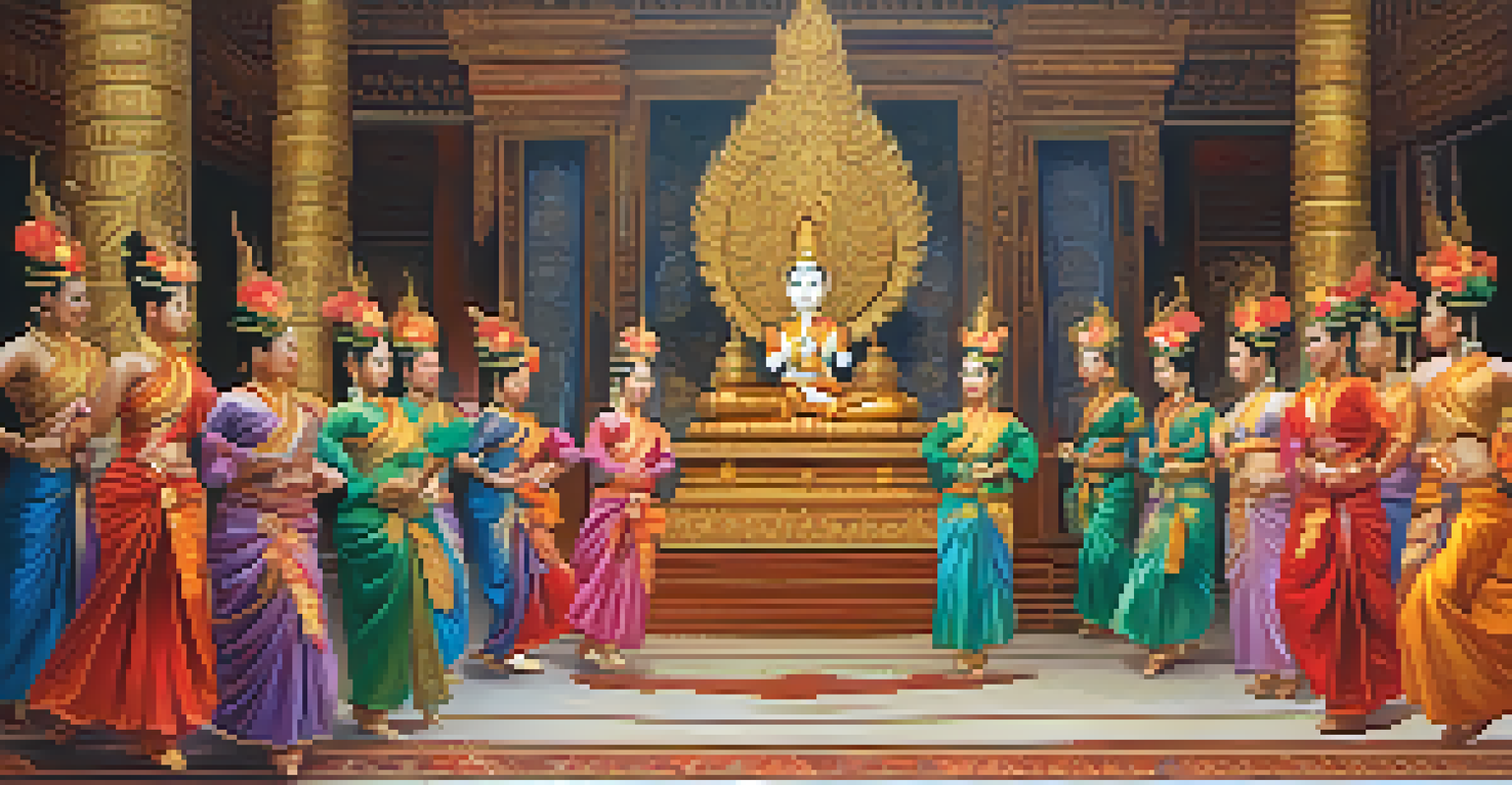 Traditional Thai dancers in vibrant costumes performing, with a backdrop inspired by Khmer architecture.