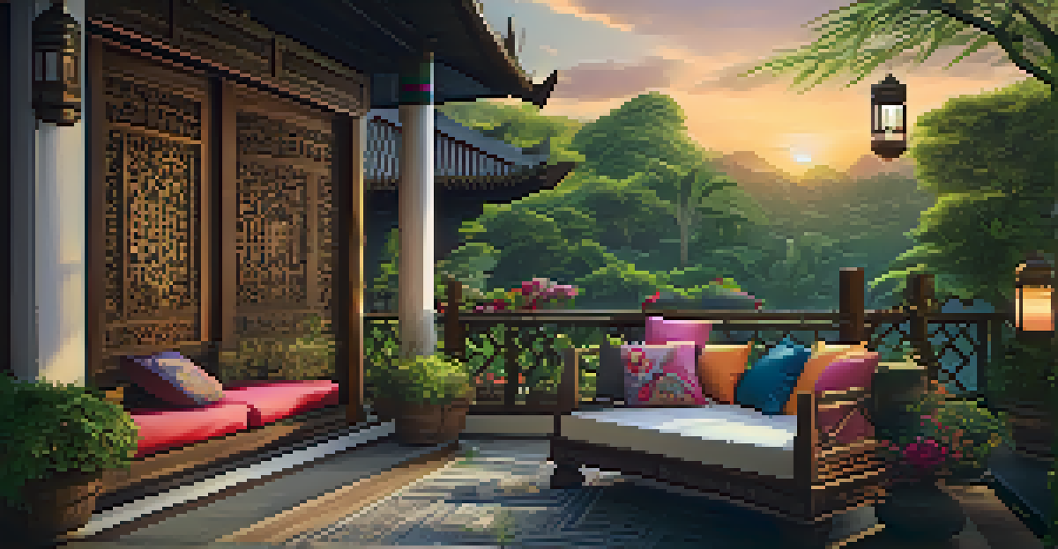 An outdoor patio with traditional Thai decor, low wooden table, colorful cushions, and decorative lanterns surrounded by greenery.