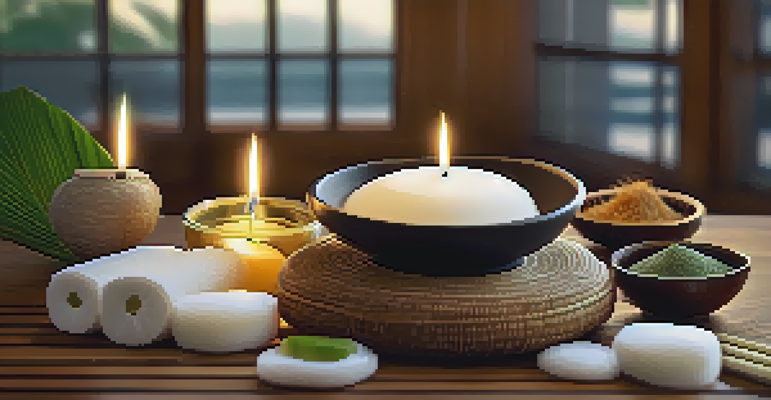 A spa package display with natural Thai ingredients like coconut, rice, and herbs on a wooden table, surrounded by soft candlelight.