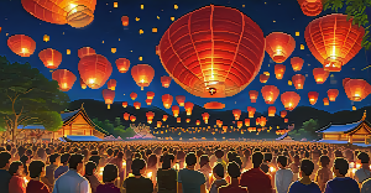 A stunning view of the Yi Peng Lantern Festival, showcasing numerous glowing lanterns ascending into the night sky, with families gathered below, creating a sense of community and celebration.