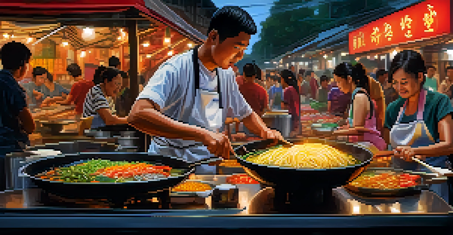A vendor cooking traditional Thai street food with sizzling noodles and vibrant vegetables, surrounded by the colorful lights of the night market.