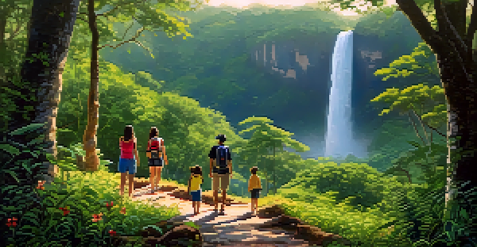 A family enjoying a hike on a scenic trail in Khao Yai National Park, with a waterfall and vibrant flowers around them.
