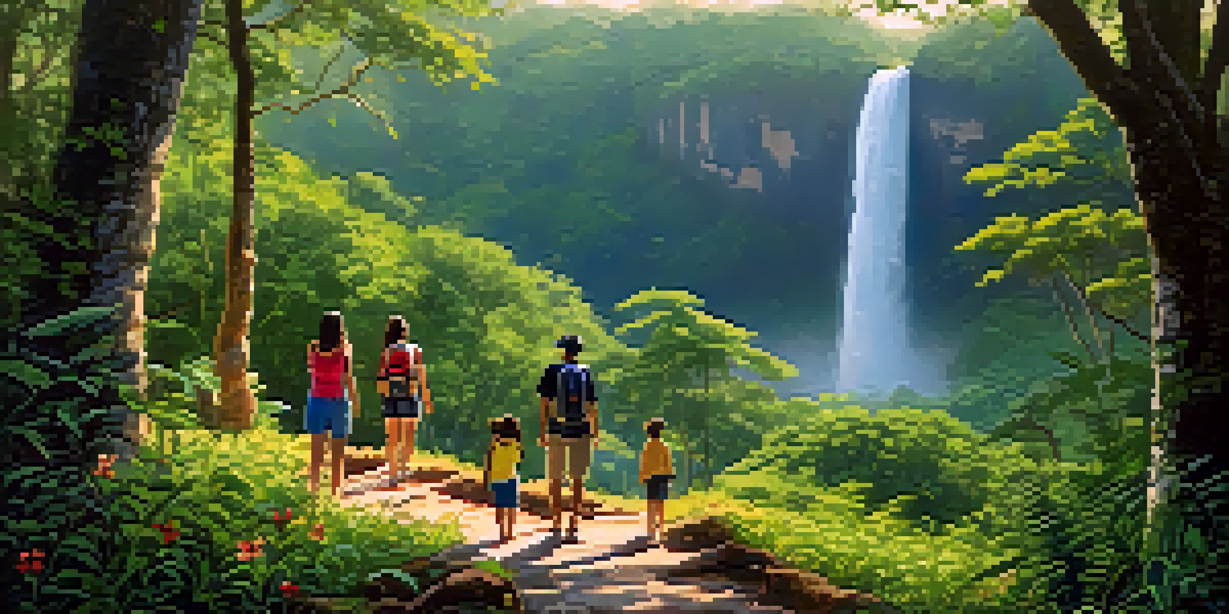 A family enjoying a hike on a scenic trail in Khao Yai National Park, with a waterfall and vibrant flowers around them.