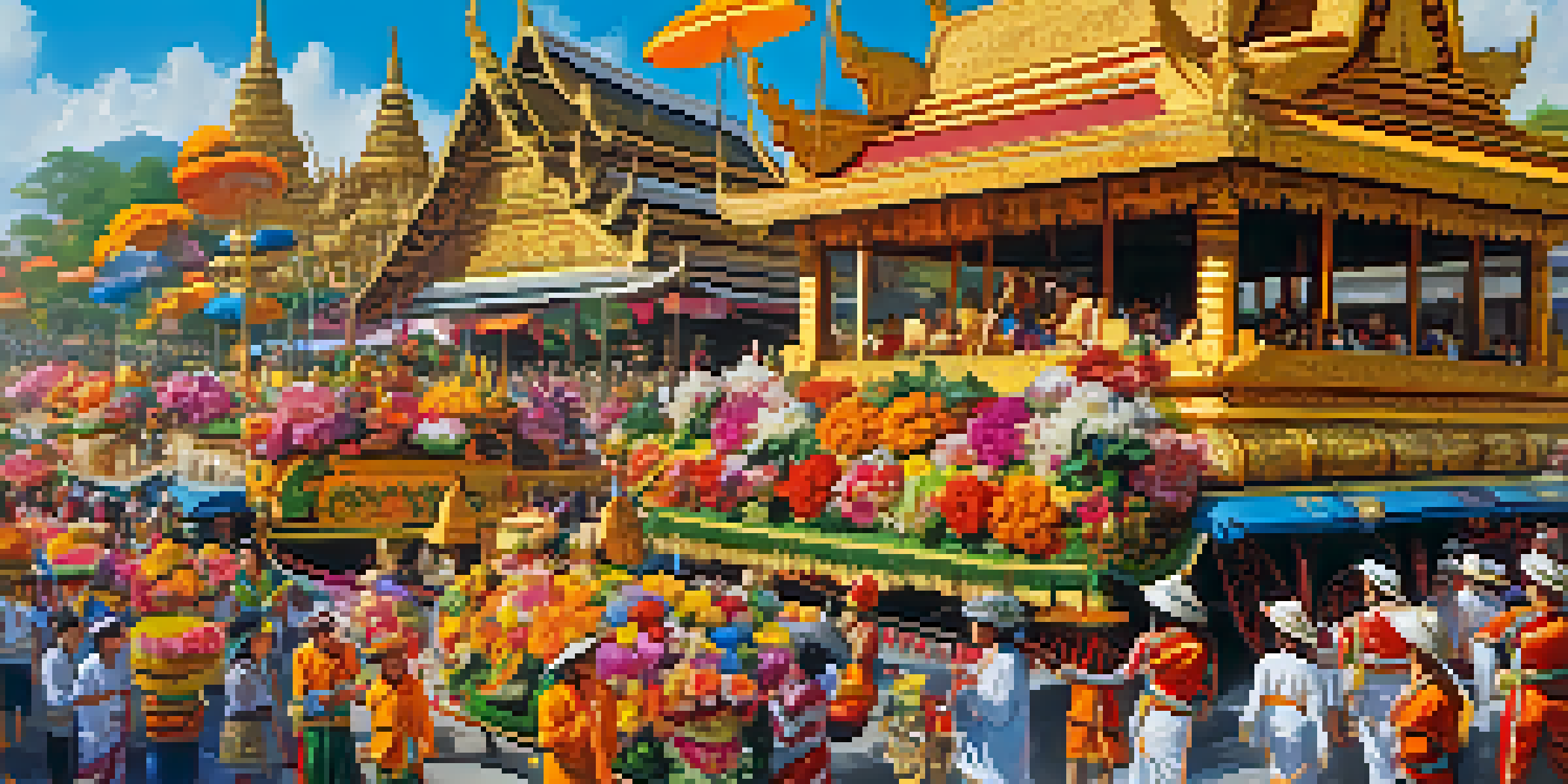 A colorful parade at the Chiang Mai Flower Festival with floral floats and traditional dancers.