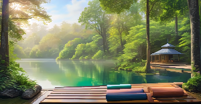 A peaceful yoga platform in a forest by a lake, with soft morning light and mist, inviting relaxation.