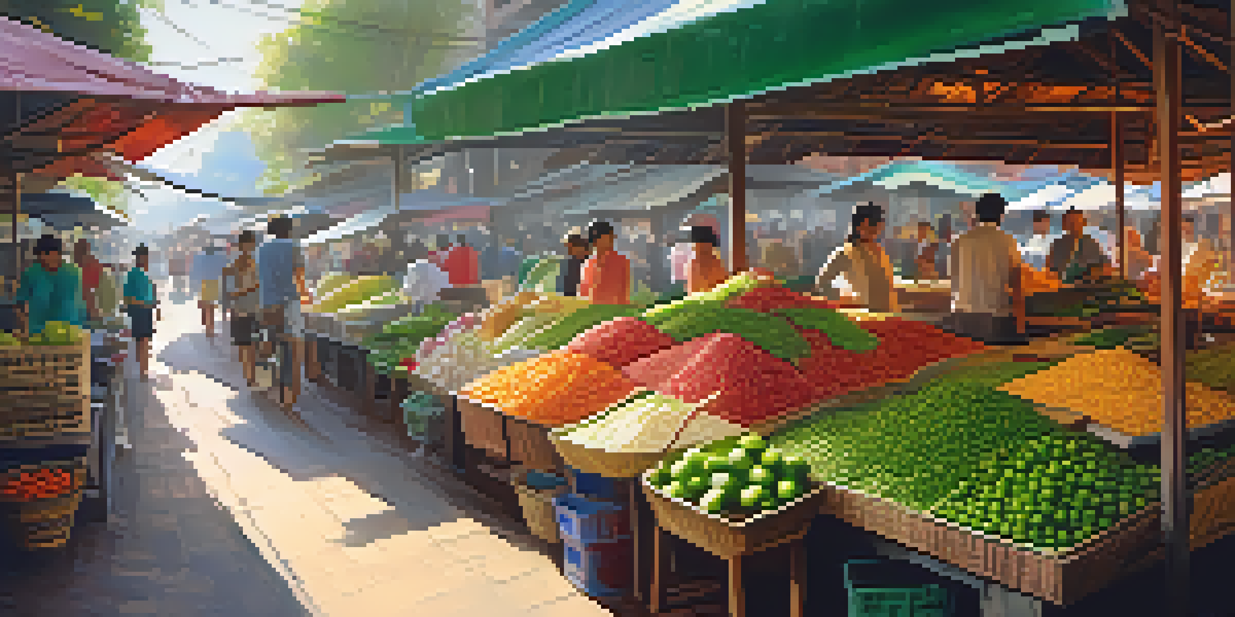 A lively Thai market filled with fresh herbs, fruits, and spices under colorful awnings, with sunlight illuminating the scene.