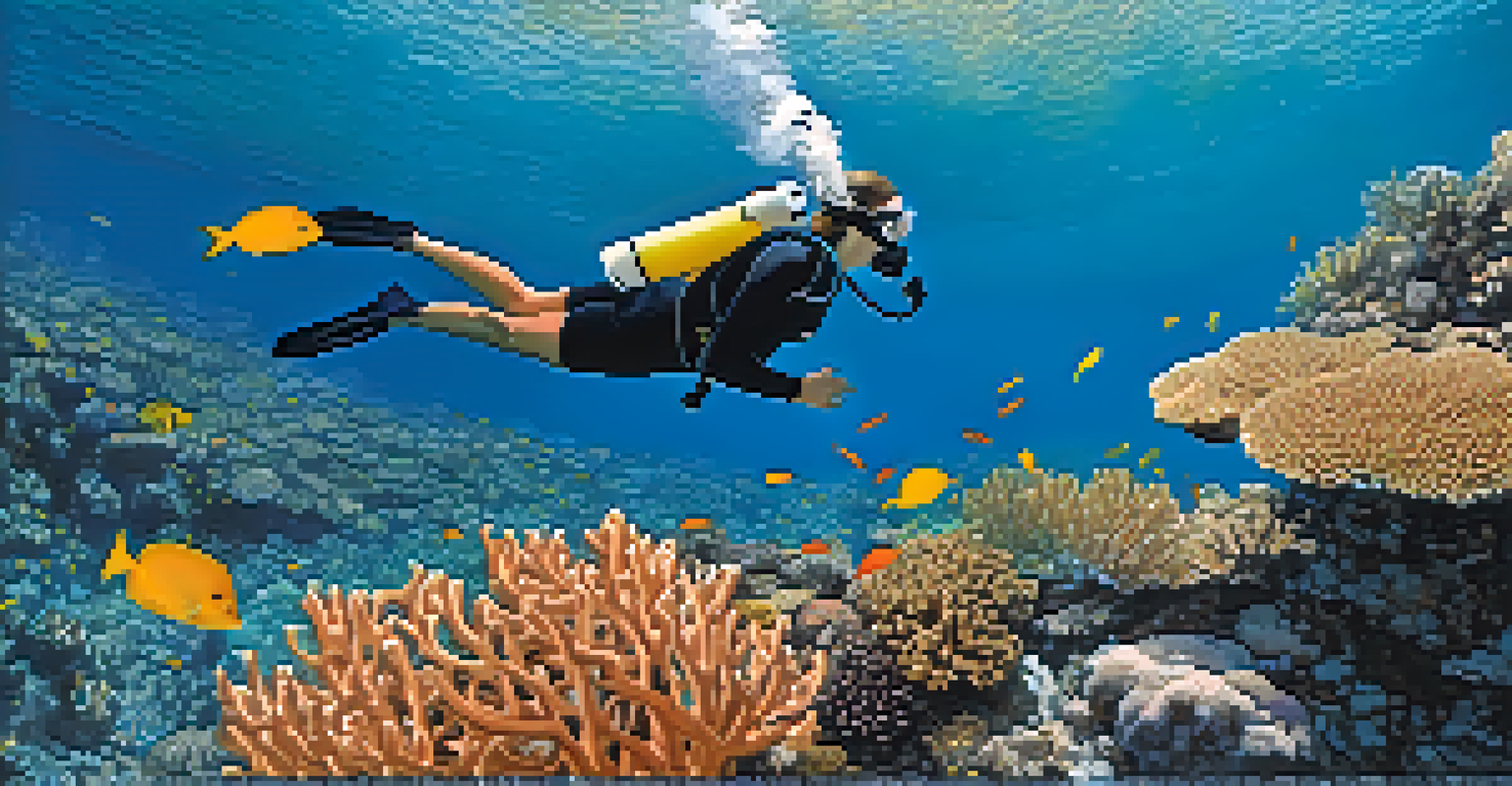 A snorkeler observing a coral reef from above, with clear water and vibrant marine life visible below.