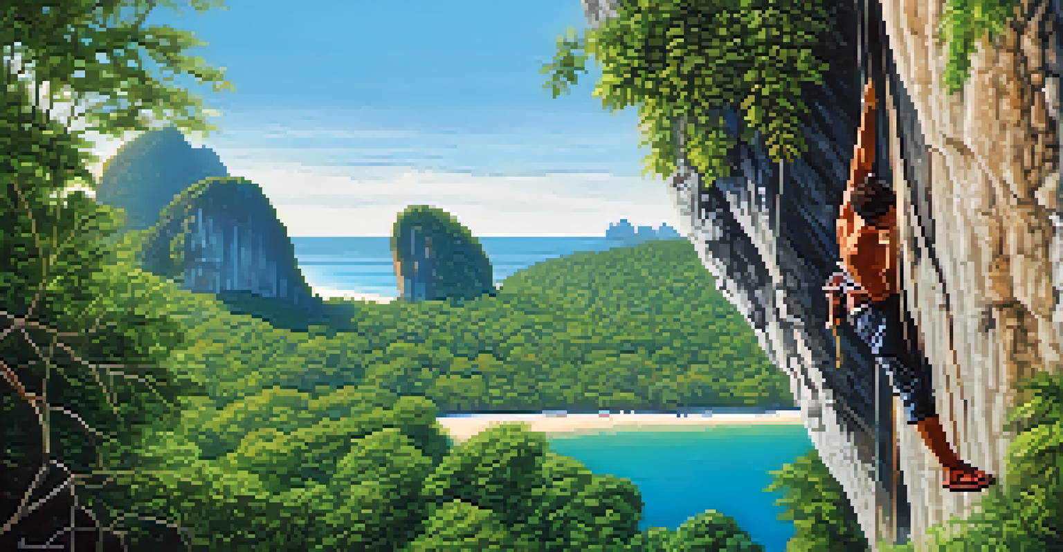 A climber scaling a limestone cliff with a blue sky and ocean in the background.