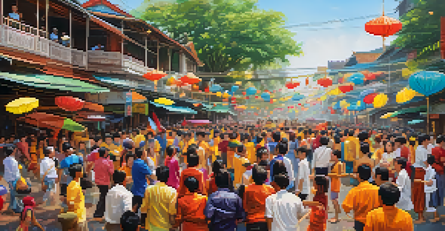 A lively scene from the Songkran festival with people enjoying traditional Thai music and dance, surrounded by colorful decorations.