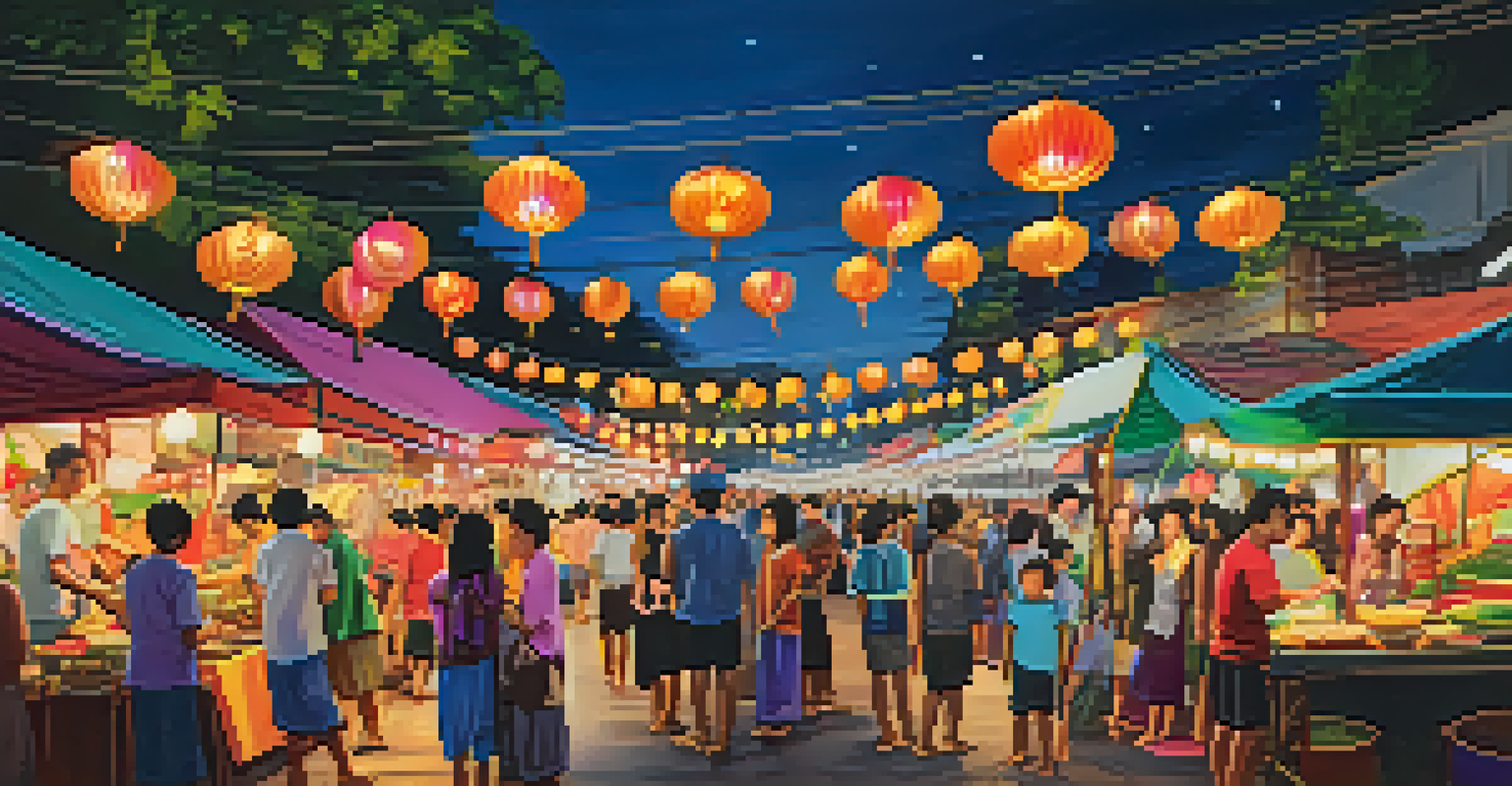 A bustling night market during Thailand's Rocket Festival, with colorful food stalls, families enjoying local dishes, and artisans showcasing crafts under lantern light.