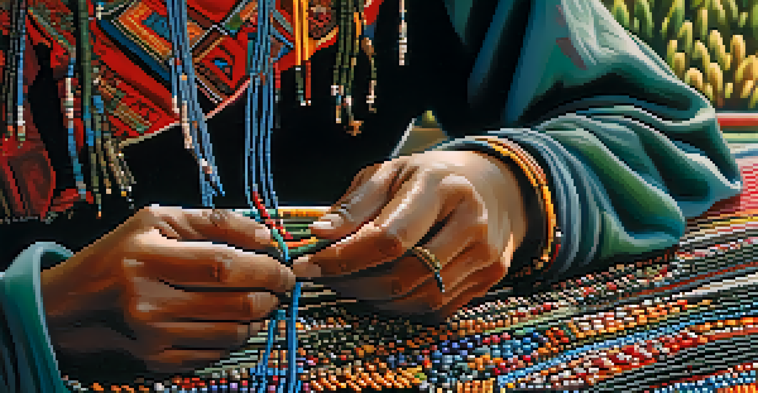 An Akha woman crafting beadwork, showcasing her hands and colorful beads against a backdrop of traditional ornaments and mountainous scenery.