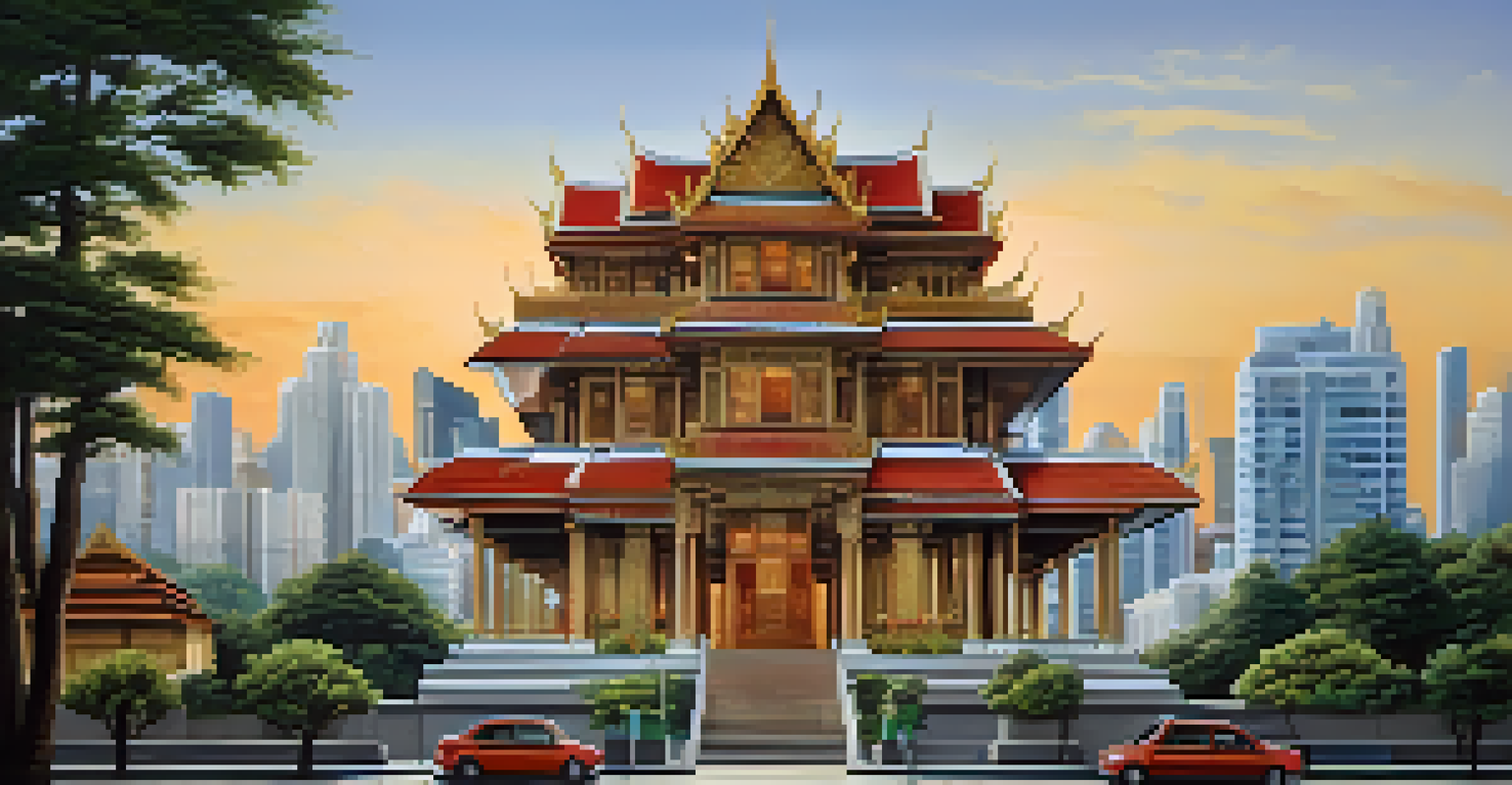 A modern building featuring traditional Thai architectural elements, set against a city skyline, blending contemporary design with cultural heritage.