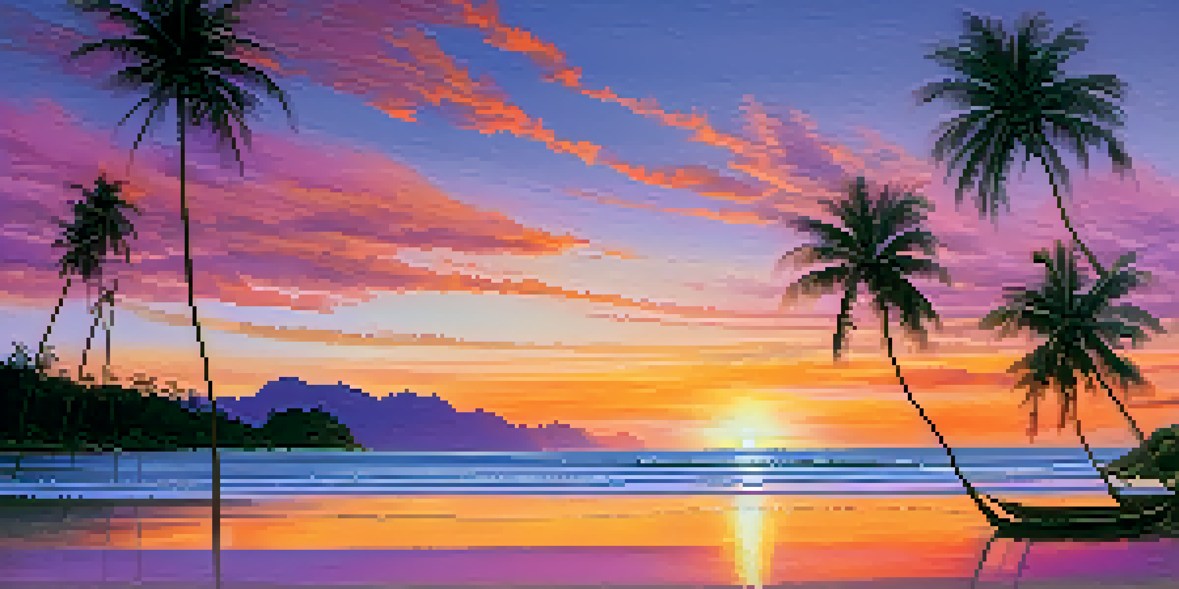 A beautiful sunset over a beach in Phuket, Thailand, with palm trees silhouetted against the colorful sky.