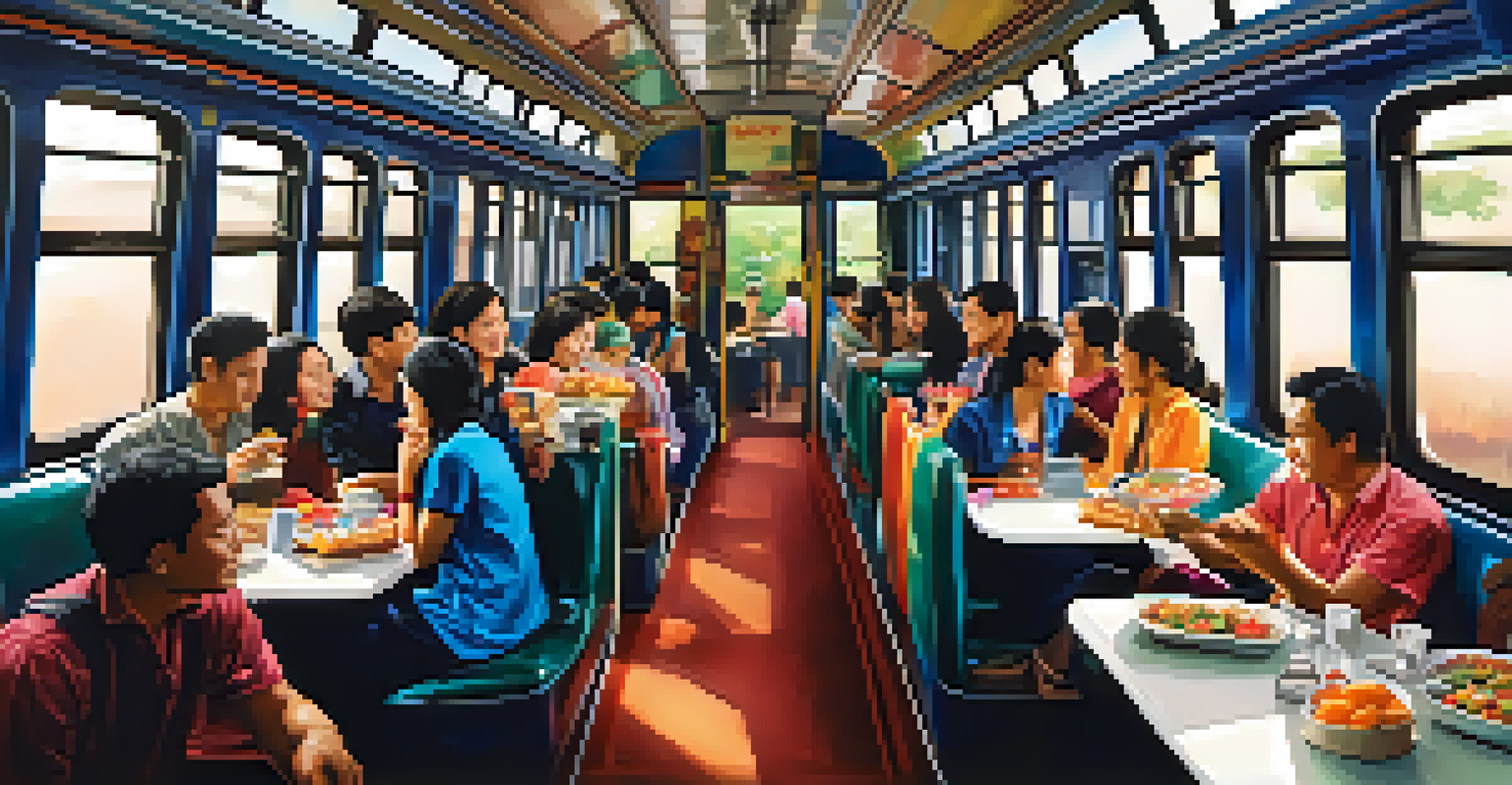 An interior view of a Thai train carriage with passengers enjoying their journey and colorful snacks on tables.