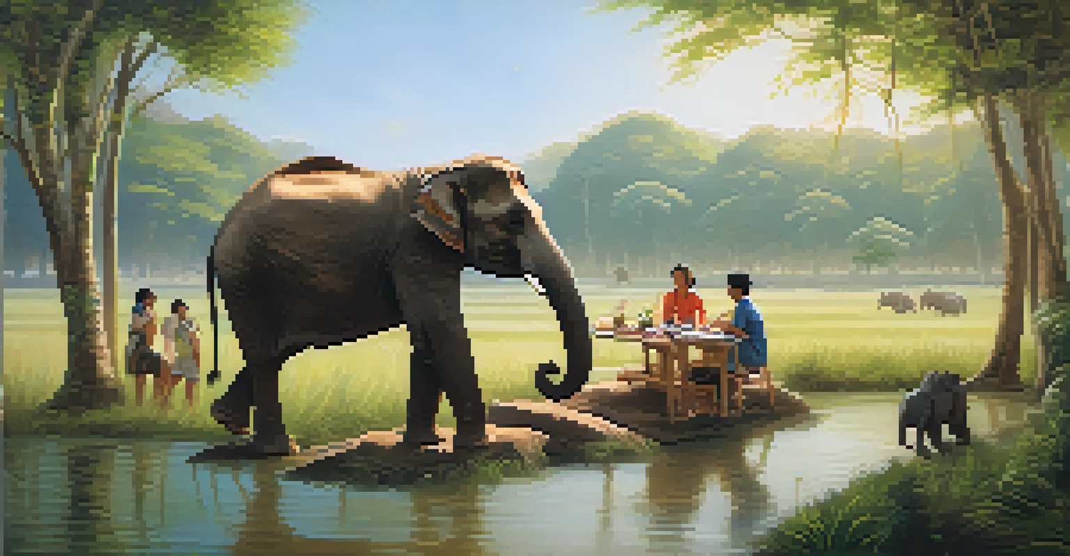 Guests feeding an elephant at a sanctuary in Thailand, surrounded by lush greenery and warm afternoon light, showcasing a bond between humans and elephants.