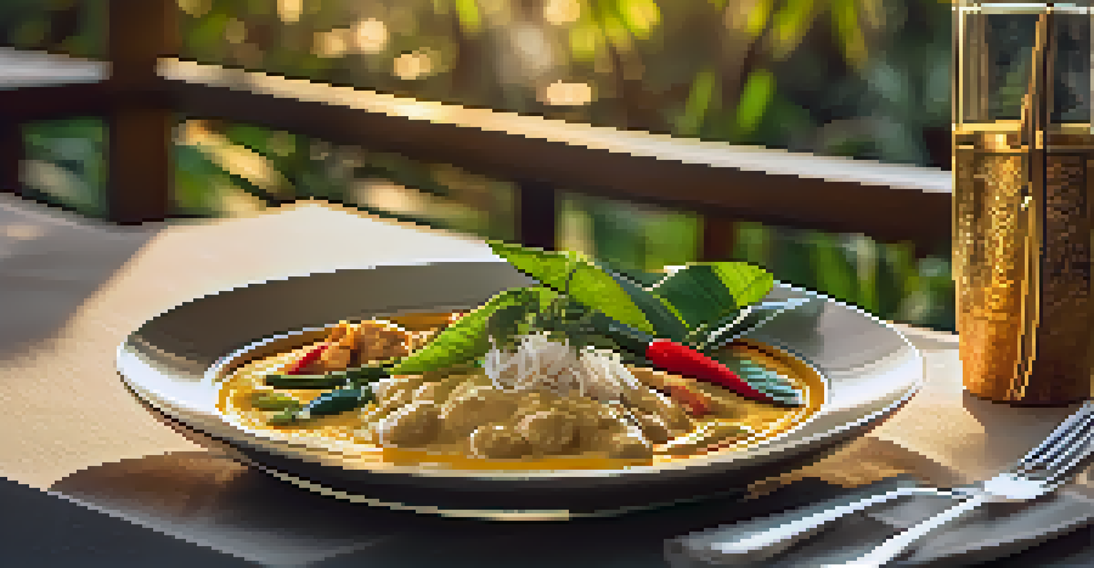 A beautifully plated Thai curry on an outdoor dining table set against a lush tropical backdrop during sunset.