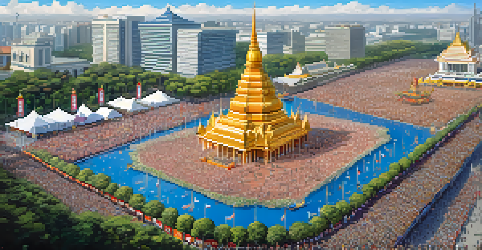 An aerial view of a festive parade in Bangkok, with colorful floats and crowds celebrating King Bhumibol's birthday.