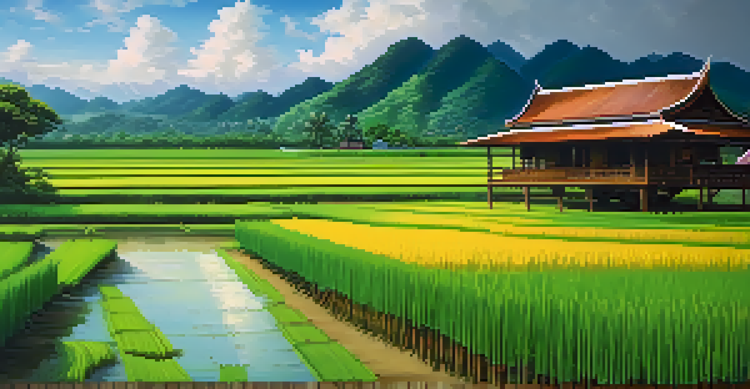 A rice paddy field in Thailand with green plants, a wooden house, and rolling hills under a dramatic sky.