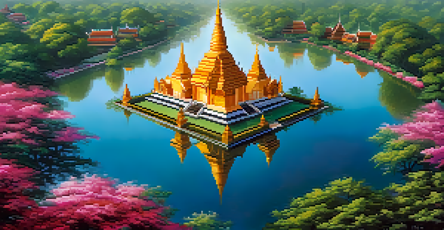 Aerial view of Wat Sra Sri reflecting in a pond, surrounded by colorful flowers and greenery.
