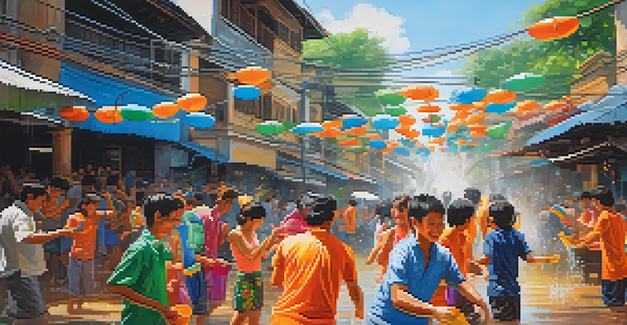 A vibrant street filled with people celebrating Songkran festival in Thailand, engaging in water fights with colorful water guns and buckets under the bright sun.