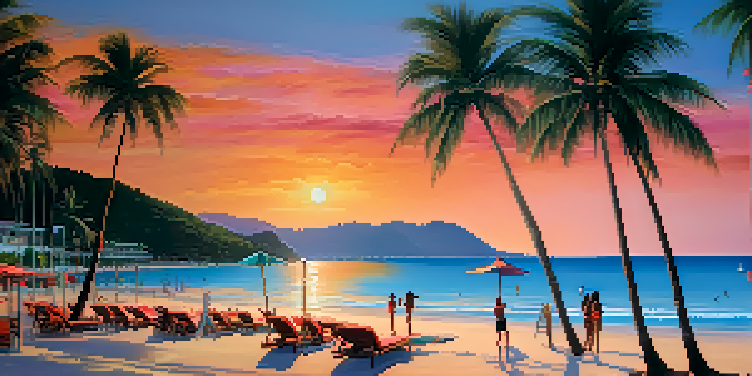 A stunning sunset at Patong Beach, with colorful sky reflections on water and silhouetted beachgoers.