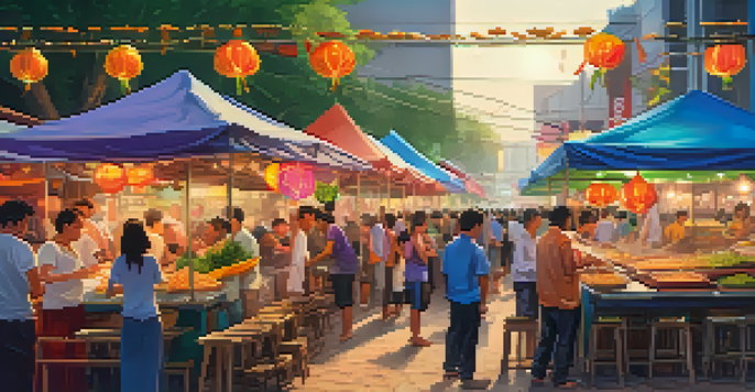 A bustling street food festival in Bangkok with colorful food stalls and crowds enjoying various dishes.