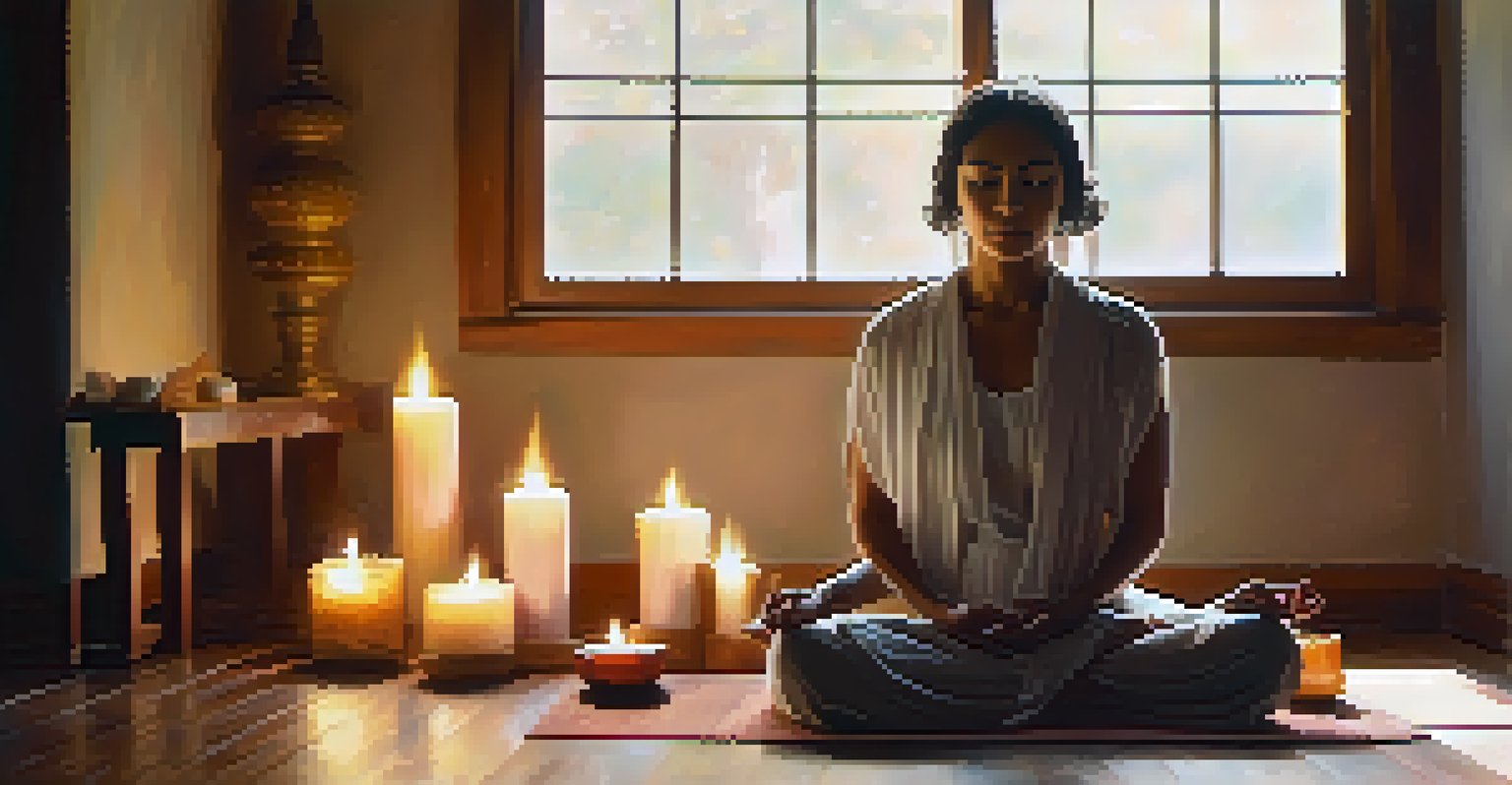 A person meditating in a sunlit room, surrounded by candles and incense, showcasing a peaceful expression.