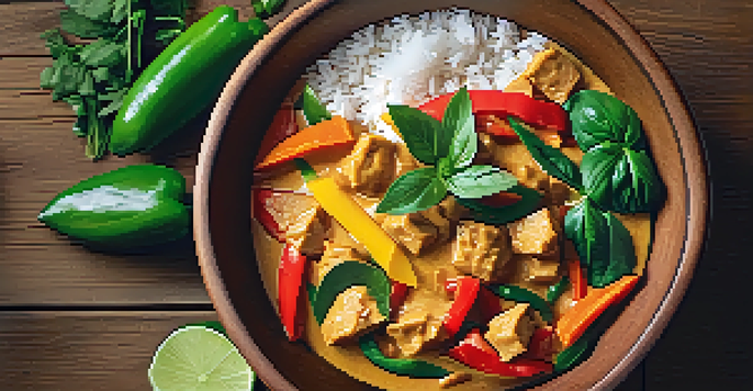 A colorful Thai curry in a clay bowl with vegetables and rice on a wooden table.