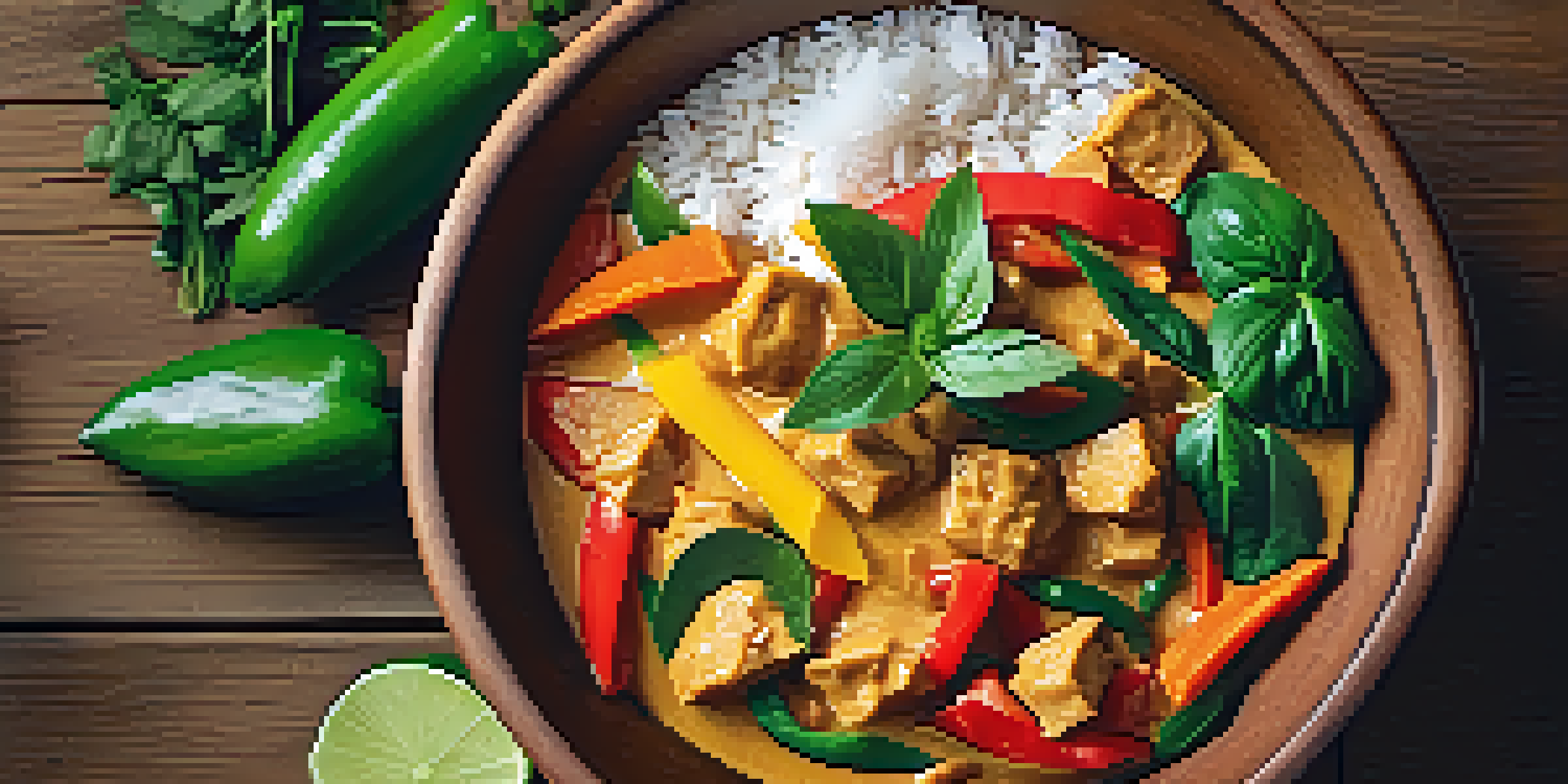A colorful Thai curry in a clay bowl with vegetables and rice on a wooden table.