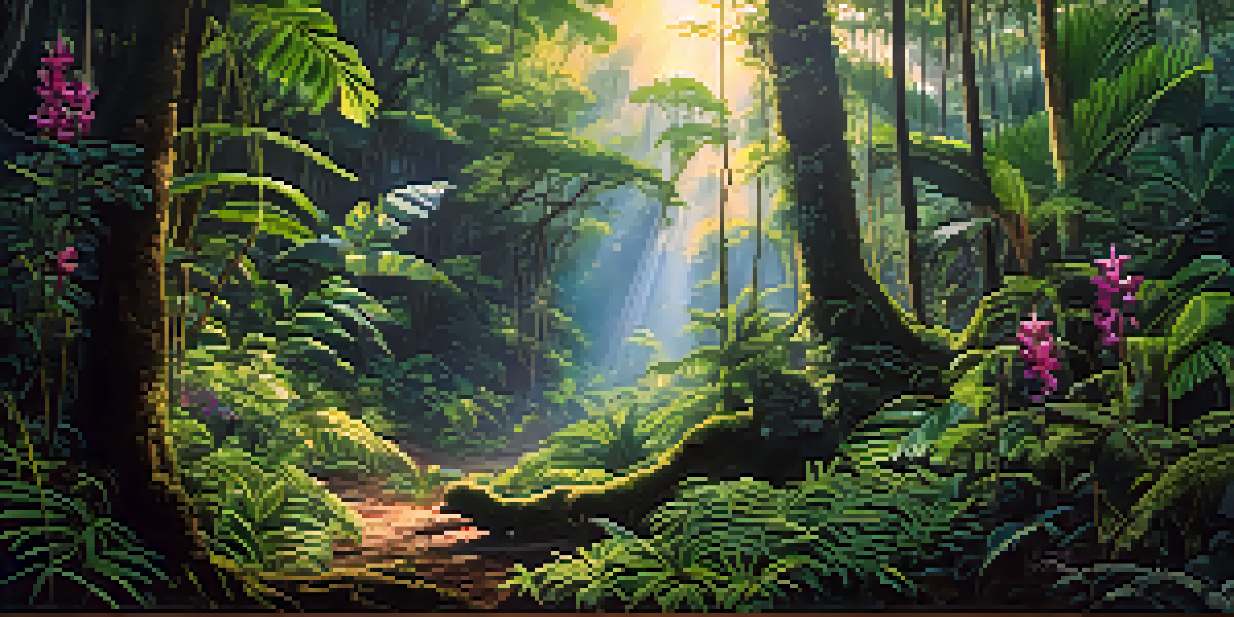 A dense tropical rainforest in Thailand with sunlight filtering through the green canopy, featuring colorful orchids and lush ferns on the ground.