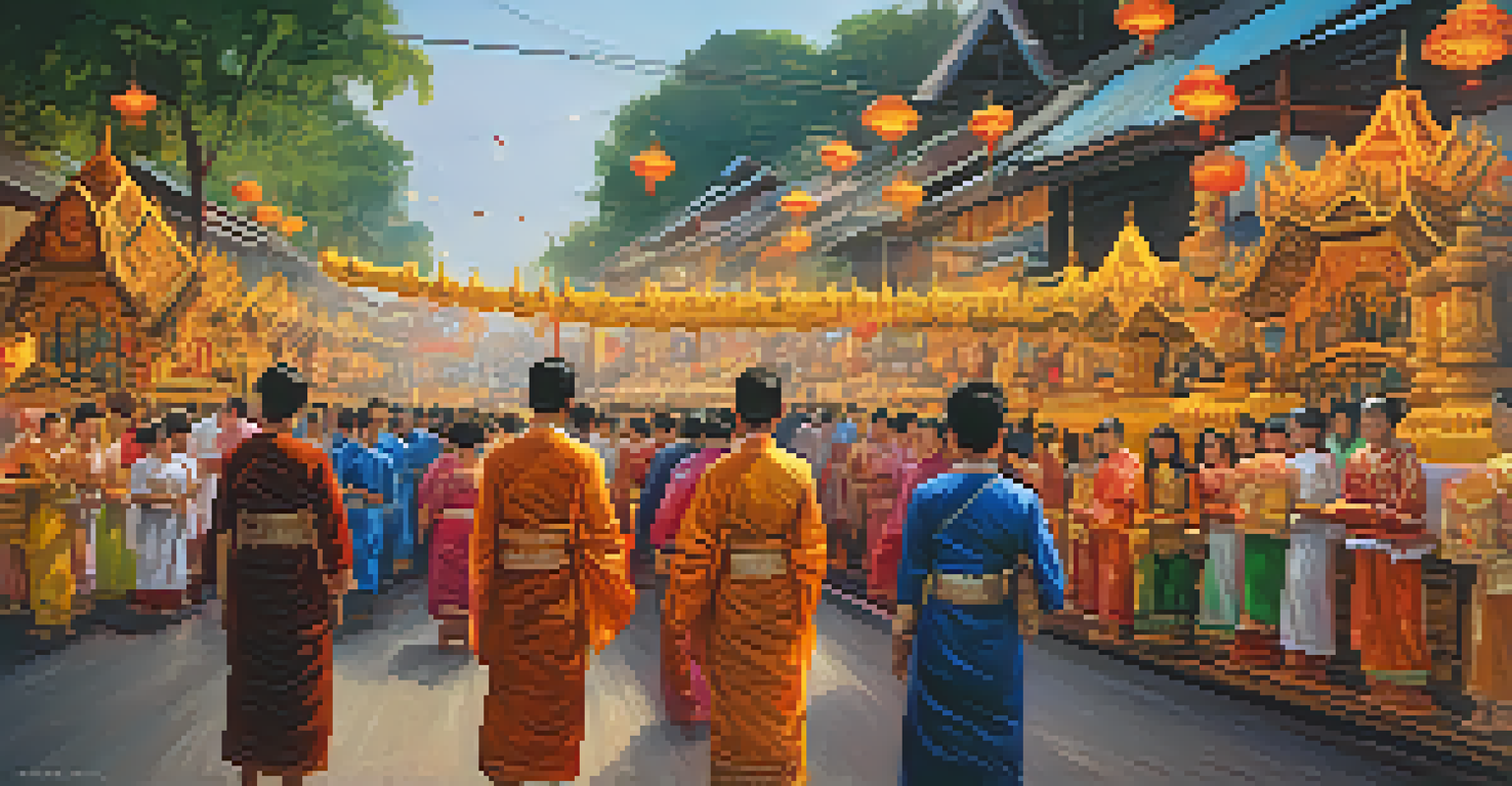 A lively street scene of the candle festival in Nakhon Ratchasima, showcasing colorful candles and traditional attire.