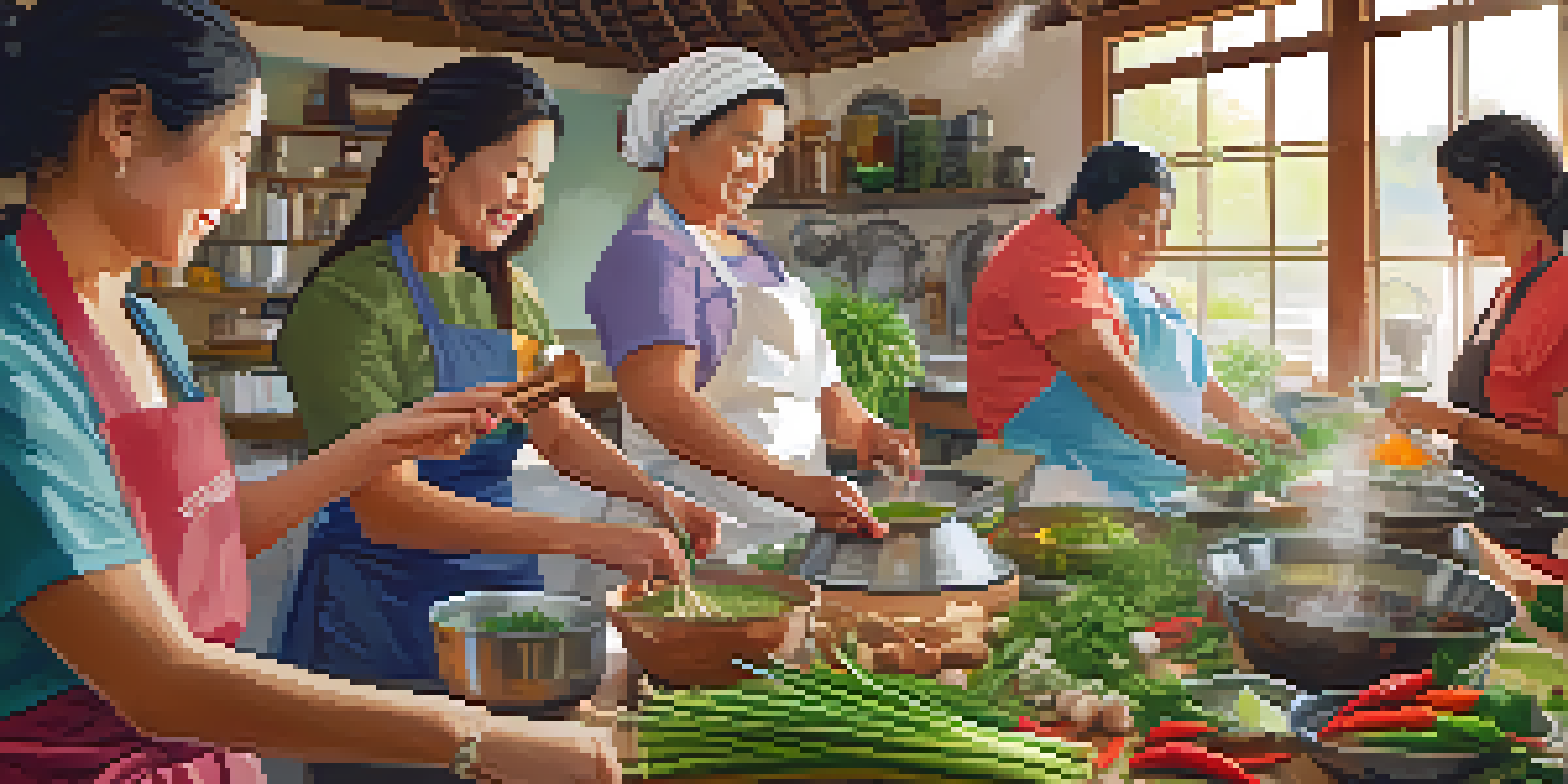 A lively cooking class with participants preparing Thai dishes, surrounded by colorful ingredients in a bright kitchen.