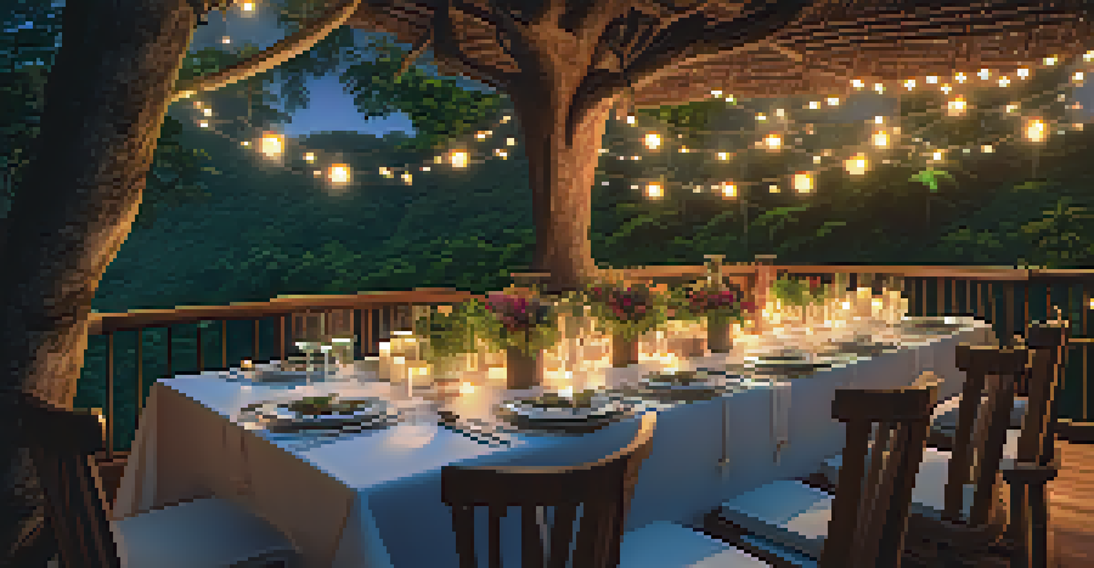 A private dining setup under the stars in a treehouse resort, with a table set for gourmet meals surrounded by candles.