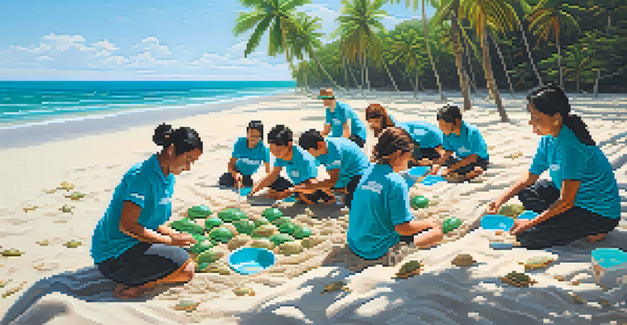 Volunteers working on a beach in Thailand to conserve sea turtle nests, with clear blue water and palm trees in the background.