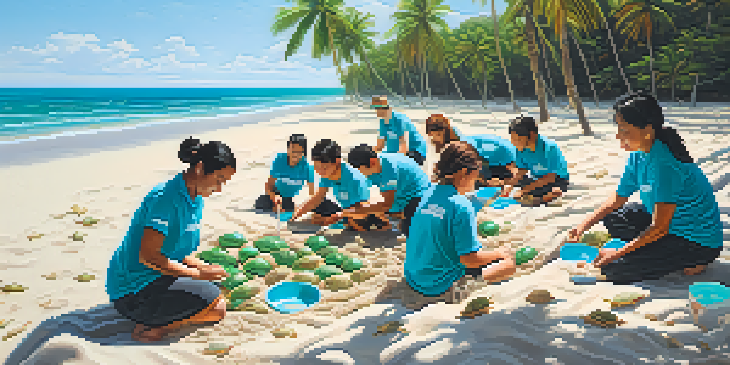 Volunteers working on a beach in Thailand to conserve sea turtle nests, with clear blue water and palm trees in the background.