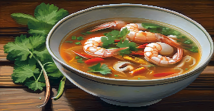 A bowl of Tom Yum Goong soup with shrimp, cilantro, and lime, placed on a wooden table with soft natural lighting.
