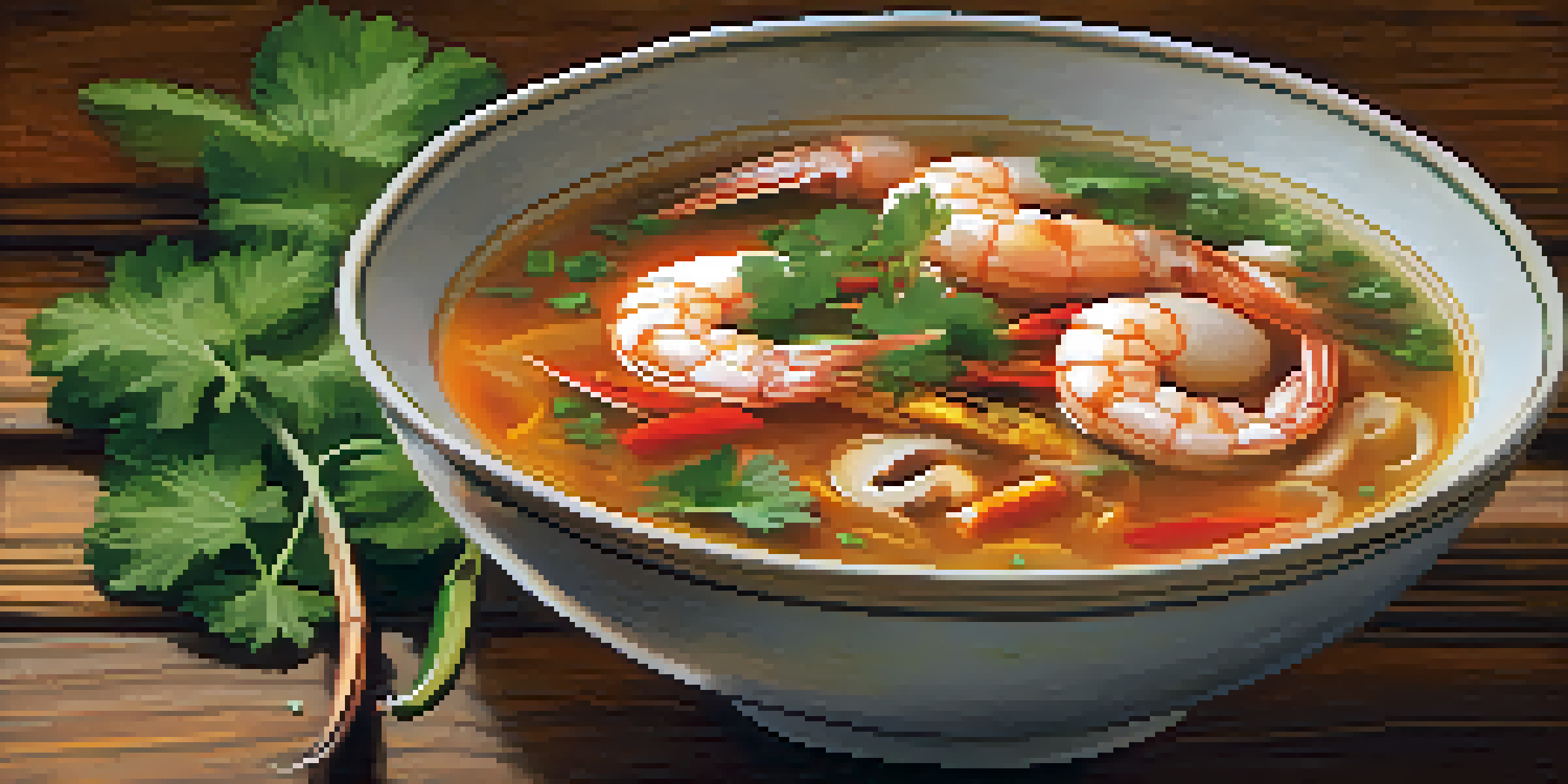 A bowl of Tom Yum Goong soup with shrimp, cilantro, and lime, placed on a wooden table with soft natural lighting.