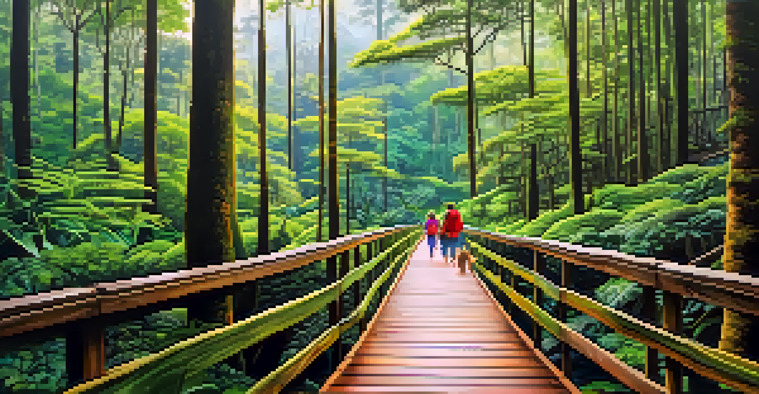 A family walking on a boardwalk trail in a lush forest at Doi Inthanon National Park, with tropical plants and birds nearby.