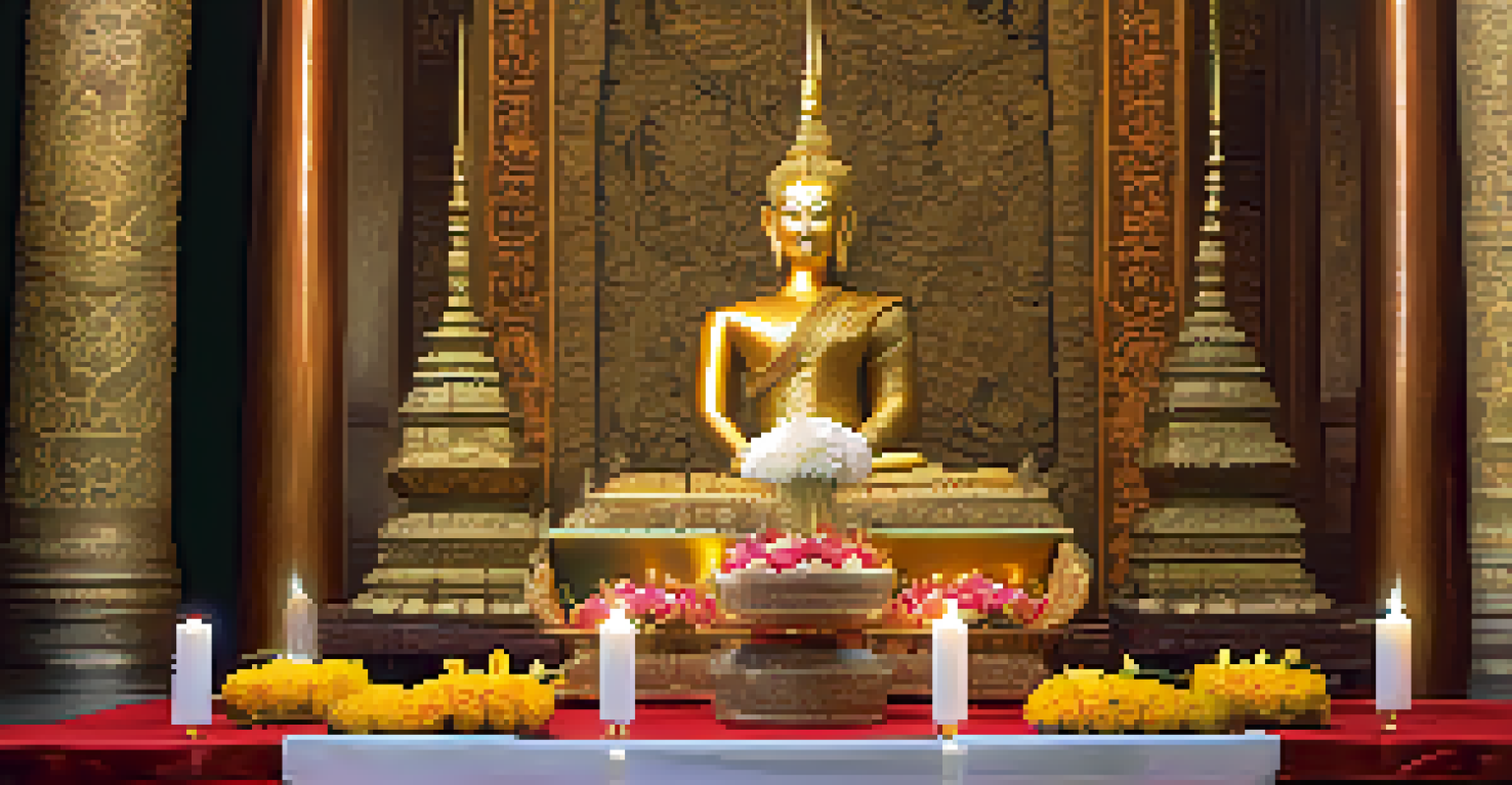 A close-up of a traditional Thai offering with flowers, incense, and candles, set against a rich golden background.