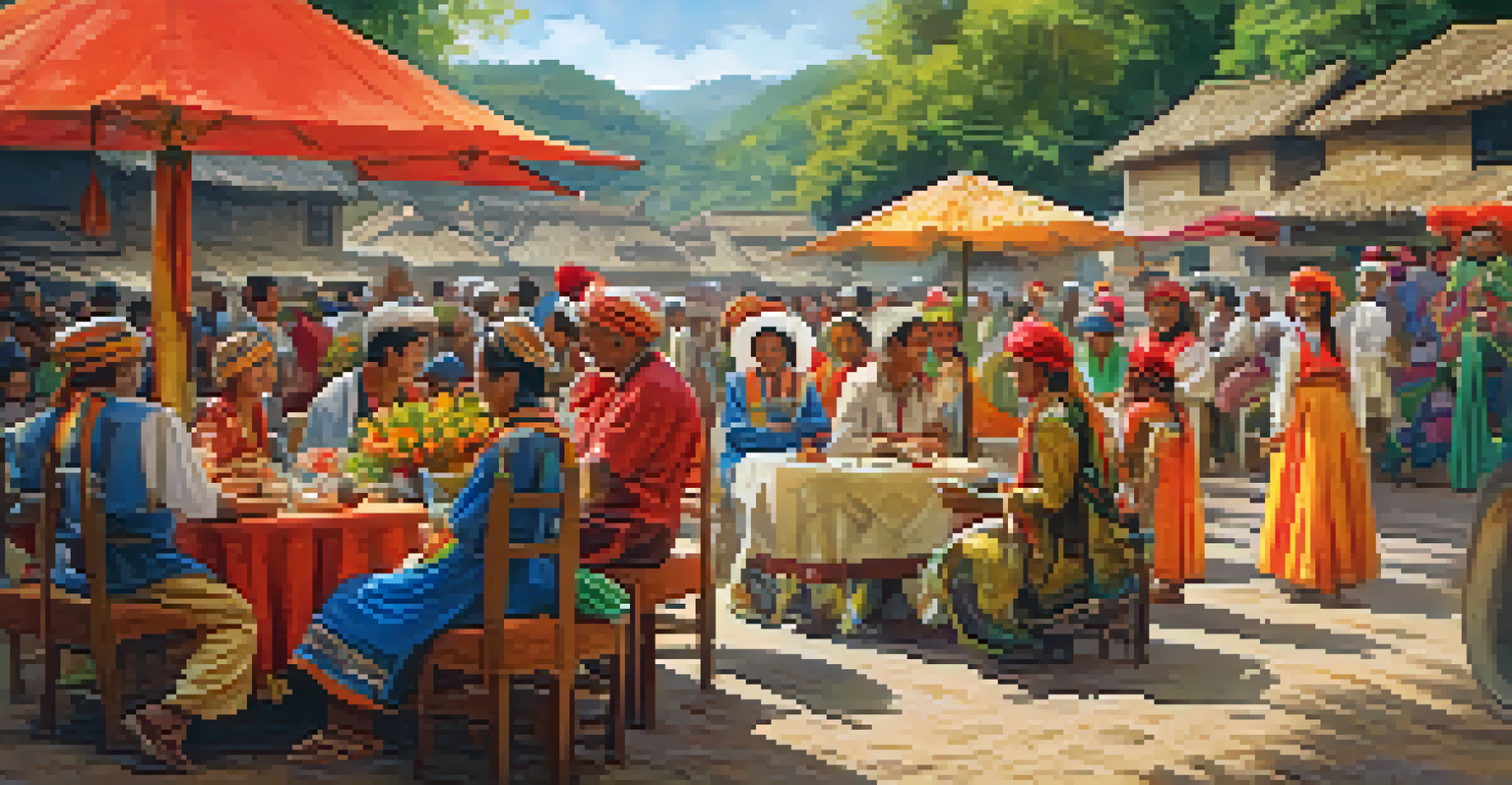 A vibrant village festival with locals in traditional attire, colorful decorations, and joyful interactions with tourists against a backdrop of greenery.