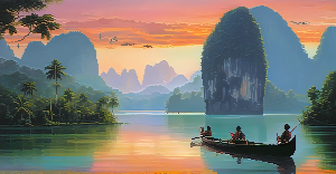A scenic view of Khao Sok National Park with rainforests, limestone cliffs, and a sunset over a serene lake with a canoe.